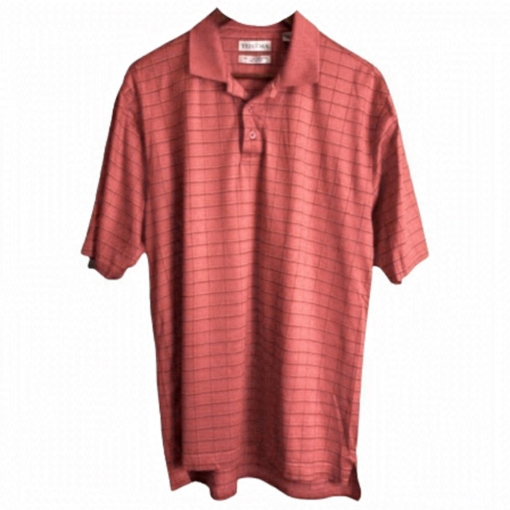 TEHAMA Vintage Orange/Coral Checkered Short Sleeve Polo Golf Shirt size Large